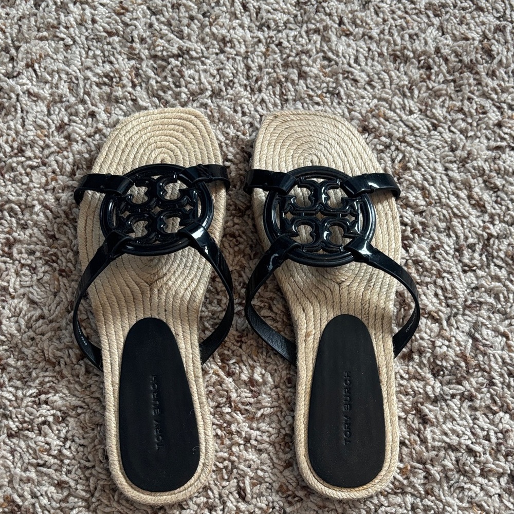 Tory Burch Black Sandals with Natural Woven Sole